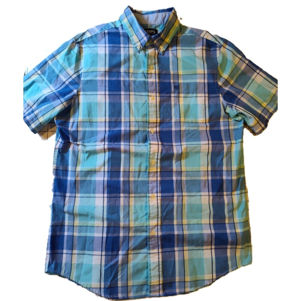 Chaps Men's Short Sleeve Easy Care Blue Button-Down Shirt Size Medium